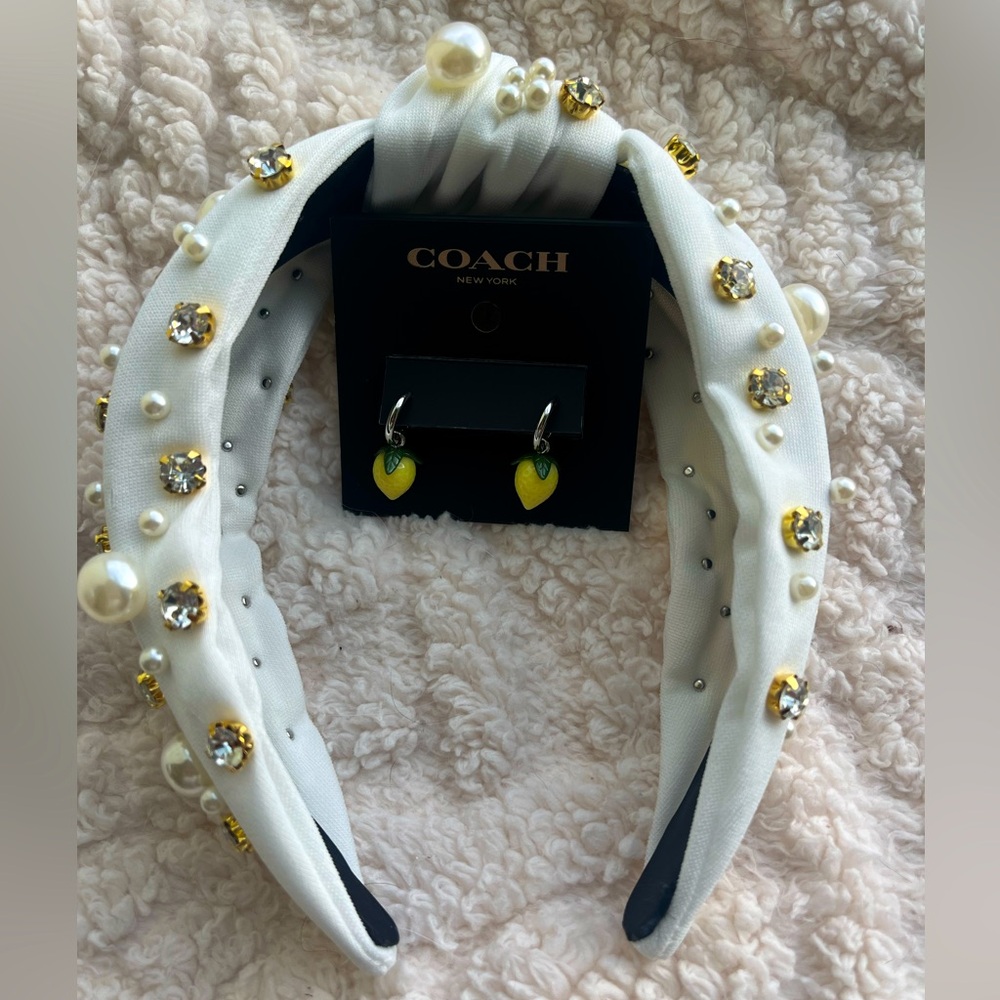 Coach lemon huggie earrings and  White handmade Pearl Embellished Headband NWT